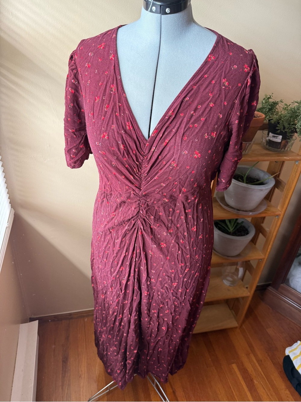 Old Navy Burgundy Midi Dress with Red Floral Accents